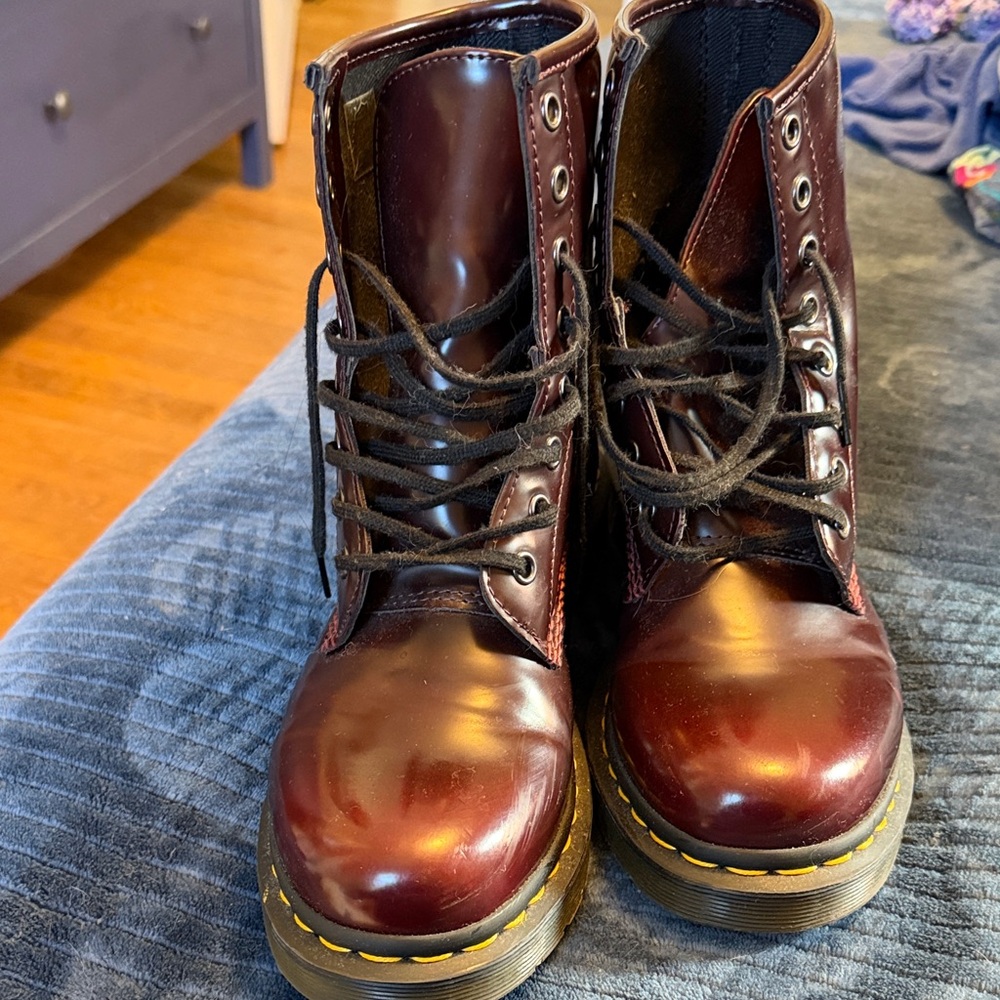 Dr. Martens Cherry Red Lace-Up 8-Eye Boots with Yellow Stitching - Picture 2 of 3